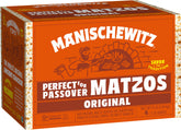 Manischewitz matzo frontal en caja mostrando empaque y facilidad de almacenamiento