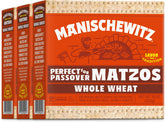 Manischewitz matzo integral empaque frontal muestra kosher y pack de 3 beneficios de almacenamiento