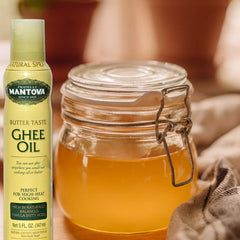 Mantova spray ghee textura del aceite mostrando brillo y pura consistencia