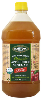 Mantova botella frontal de vinagre de sidra de manzana orgánico, presentación clara y etiqueta visible