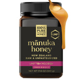 100% Pure New Zealand Honey frasco frontal mostrando UMF 15+ y diseño atractivo