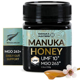 Manuka Hunters frasco 250 g frontal muestra certificado UMF visible