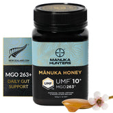 Manuka Hunters frasco frontal mostrando etiqueta UMF 10+ y origen NZ