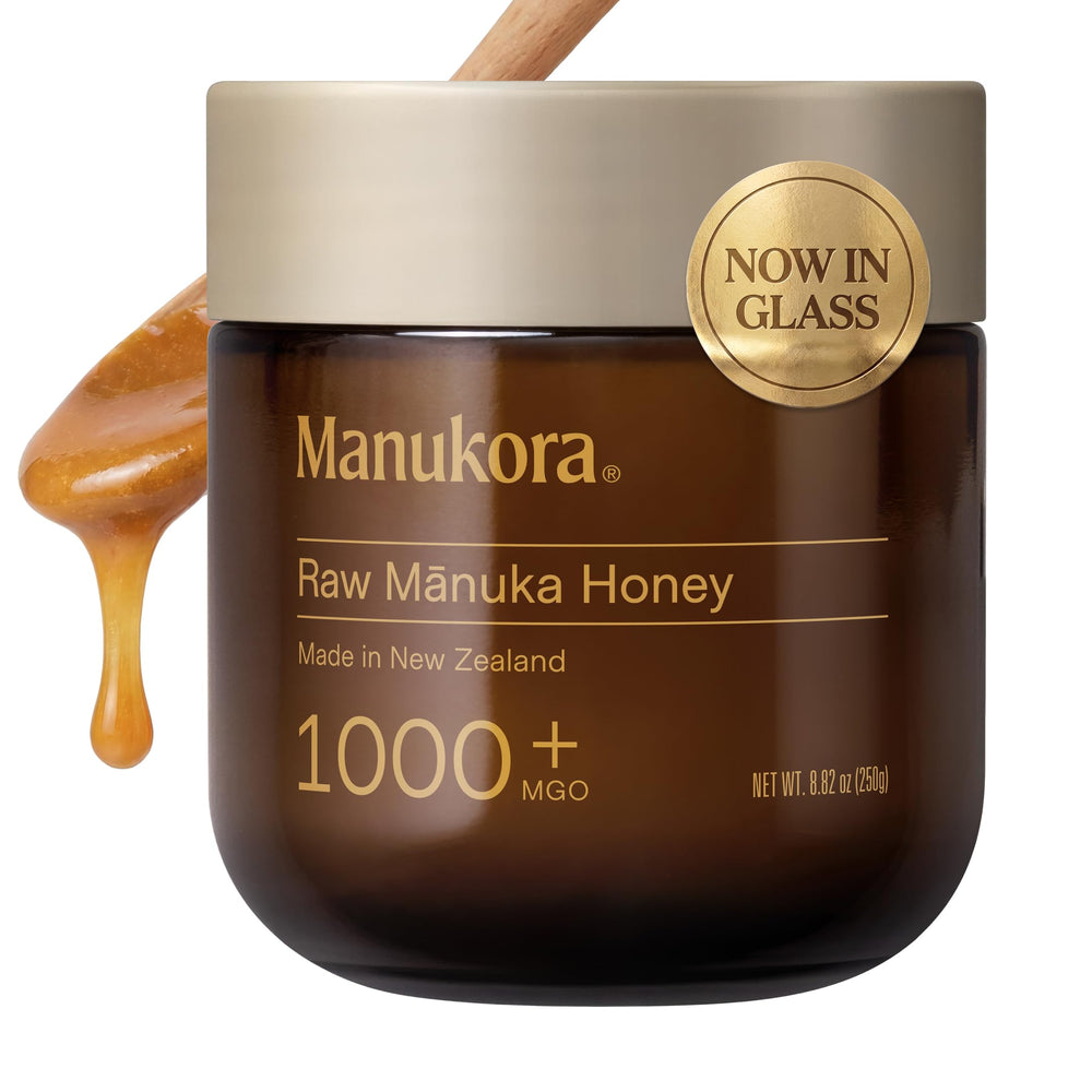 Manukora frasco frontal 250 g mostrando diseño y sello de MGO 1000+