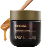 Manukora tarro frontal 80g mostrando etiqueta y sellos, calidad premium
