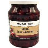 Marco Polo frasco frontal 24 oz mostrando guindas en almíbar y conveniencia