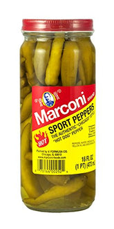 Marconi frasco frontal de 16 oz mostrando etiqueta y pimientos, ideal para hot dogs
