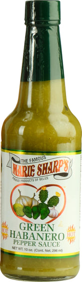 Marie Sharp’s botella frente mostrando color verde vibrante y uso diario