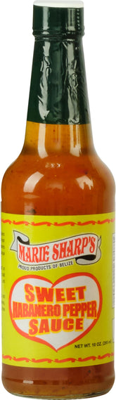 Marie Sharp's frente de botella mostrando diseño y tamaño útil
