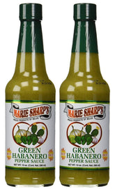 Marie Sharp's botella frontal con etiqueta verde que muestra sabor auténtico