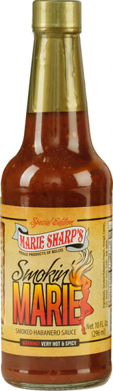 Marie Sharp's botella frente con etiqueta visible y sabor ahumado intenso