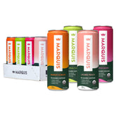 MARQUIS ORGANIC ENERGY pack frente mostrando 12 latas y variedad