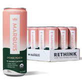 Marquis Organic Energy lata al frente mostrando diseño y sabor lichi durazno, refrescante