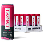 MARQUIS ORGANIC ENERGY lata Super Berry al frente mostrando diseño y refresco