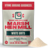Marsh Hen Mill paquete frontal mostrando grits blancos y beneficios caseros