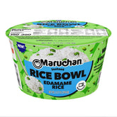 Maruchan tazón frente del empaque mostrando delicioso arroz y edamame, conveniencia inmediata