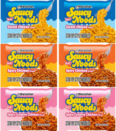 Maruchan pack frontal Saucy Noods mostrando seis paquetes, práctico y sabroso