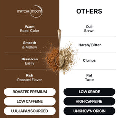 Matcha Moon polvo hojicha visto de cerca con textura fina que facilita la disolución