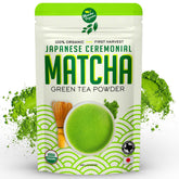 Matcha Organics frente del envase mostrando sello orgánico y peso
