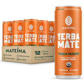Mateina lata frontal Peach Passion mostrando etiqueta y beneficio energía limpia