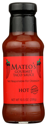 Mateo's frente del frasco mostrando etiqueta y tamaño ideal para mesas