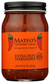 Mateo's frasco frontal mostrando salsa y etiqueta, aporta sabor intenso