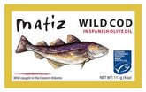 Matiz lata frontal mostrando diseño y frescura del bacalao