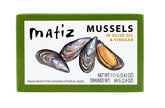 Matiz mejillones frente del pack de dos latas mostrando el envase y marca