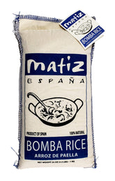 Matiz bolsa frontal mostrando arroz Bomba y sello de calidad