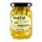 Matiz frasco de piparras vascas verdes vista frontal con etiqueta clara, ideal para tapas