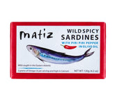 Matiz sardinas picantes frontal mostrando lata y marca, conveniencia inmediata