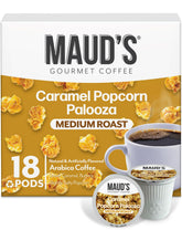 MAUD'S caja frontal de cápsulas sabor caramelo popcorn mostrando diseño y beneficio conveniencia