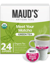 Maud's caja frontal de cápsulas matcha 24 ct mostrando diseño y beneficios