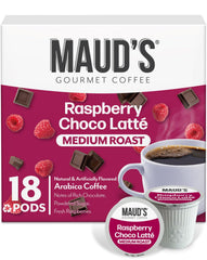 Maud's paquete frontal de 18 cápsulas con diseño y sabor frambuesa chocolate