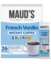 MAUD'S empaque frontal de French Vanilla mostrando 26 sobres, conveniencia inmediata