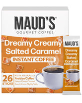 Maud's frente del paquete mostrando 26 sobres y sabor caramelo salado, conveniencia inmediata