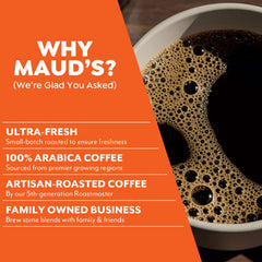 Maud's taza servida con espuma y nota cítrica, ofrece sabor cremoso y aroma