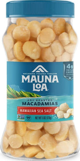 Mauna Loa frasco frontal mostrando etiqueta y macadamias, ideal para identificar producto