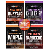 MaxJerky vista frontal del surtido 4 pack mostrando los cuatro sabores y conveniencia