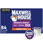 MAXWELL HOUSE caja frontal mostrando 84 cápsulas y beneficio de suministro prolongado