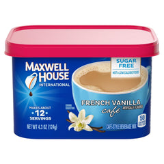 MAXWELL HOUSE lata frontal muestra sabor francés vainilla y conveniencia