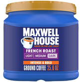 Maxwell House vista frontal de la lata mostrando cantidad y diseño, conserva frescura