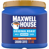 MAXWELL HOUSE lata frontal mostrando marca y tamaño 27.5 oz, ventaja de almacenamiento