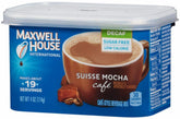 Maxwell House tarro frontal Suisse Mocha mostrando diseño y beneficio de preparación rápida