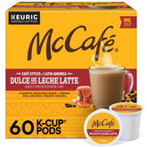 McCafé empaque frontal mostrando sabor dulce de leche y cantidad 60 cápsulas, conveniencia instantánea