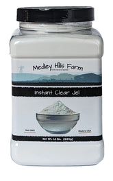 Medley Hills Farm envase frontal de Instant Clear Jel mostrando tamaño y beneficio de almacenamiento