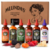 Melinda's frente del pack mostrando seis botellas y variedad de sabores