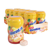 Mentos frasco frontal mostrando etiqueta y sabor tropical, práctico y fresco