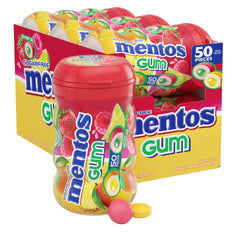 MENTOS botella frontal con 50 chicles mostrando portabilidad y sabor