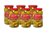 Mezzetta frasco frontal de aceitunas rellenas de ajo mostrando etiqueta